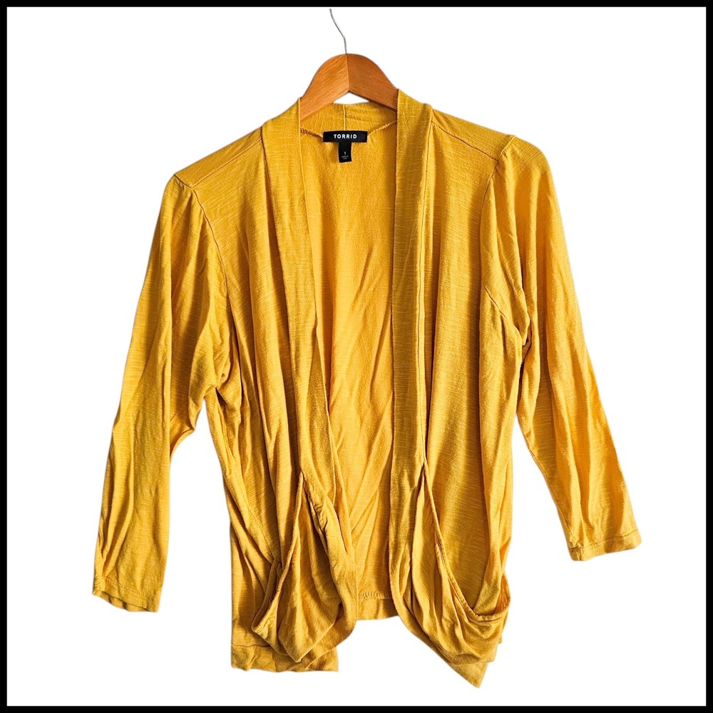 Torrid Cardigan Draped Open Front Lightweight Mustard Yellow Plus Size 1X - Picture 3 of 10